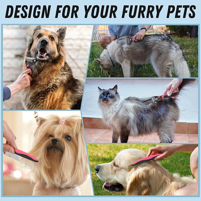 Docrok Pet Grooming Brush & Comb Combo, Cat & Dog Brush for Shedding & Dematting, Undercoat Rake for Long-haired Pets, Pink