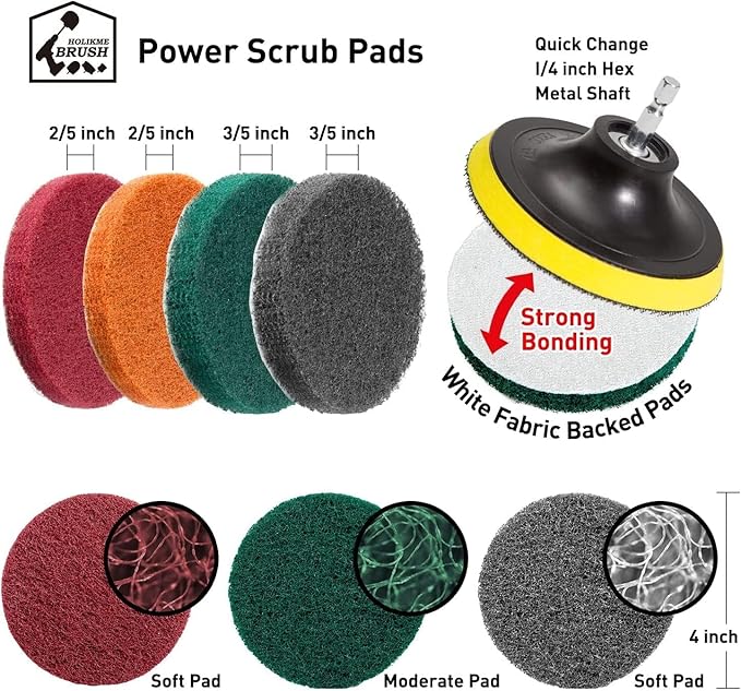 Holikme 40 Piece Drill Brush Attachment Set Scrub Pads Scouring Pads Power Scrubber Brush with Extend Long Attachment All Purpose Clean for Car Detailing,Grout, Tiles, Bathroom, Kitchen