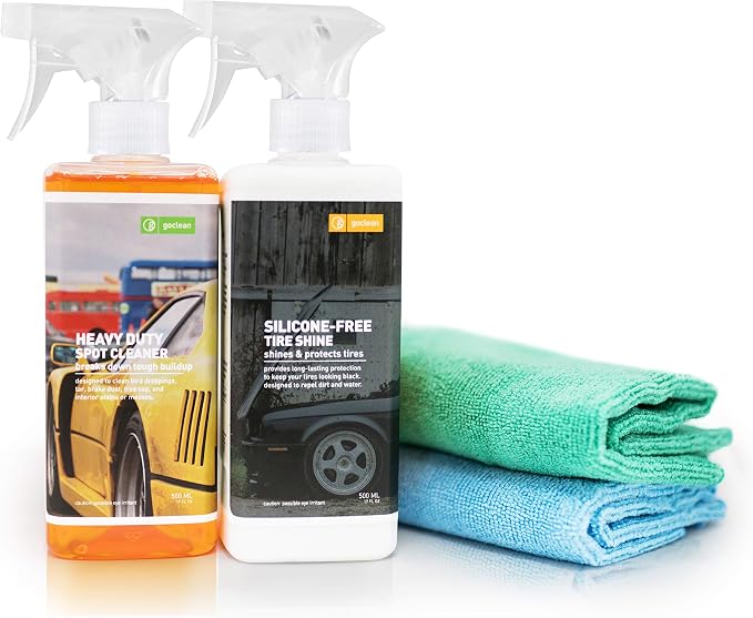 GOCLEAN WHEEL CLEANING & SHINE KIT | TIRE CLEANING KIT | Includes Rim & Wheel Cleaner + Tire Shine Spray Bottle + Premiu