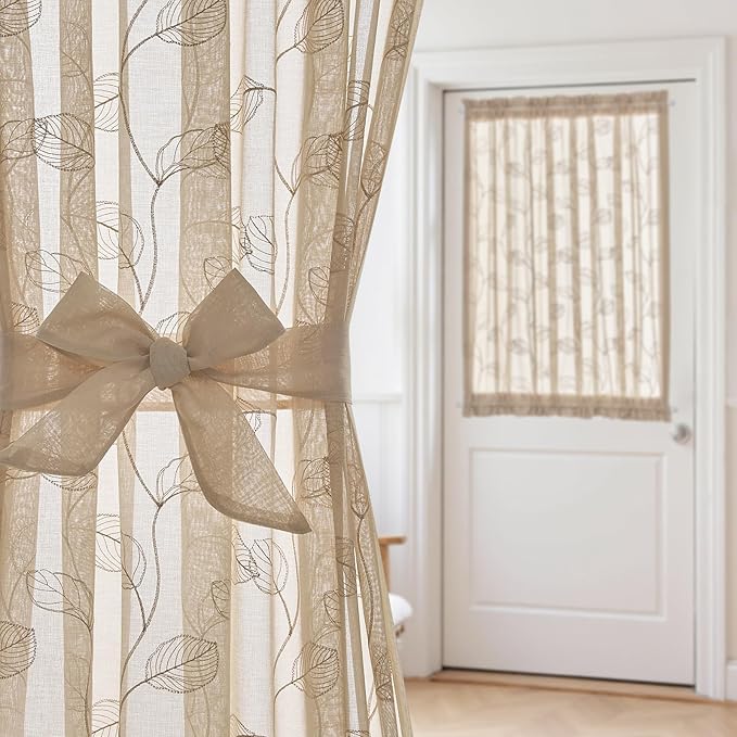 jinchan French Door Curtain Privacy Rustic Leaf Embroidered Semi Sheer Voile Front Curtain for Window Doorway Closet, Door Panel with Tieback Rod Pocket 1 Panel 55W x 40L Inch Beige