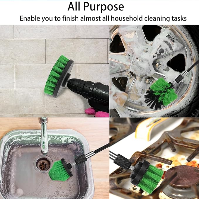 8 Pack Drill Brush Attachment Set,1/4in Power Scrubber Brush + Extend Long Rod, Multi-Purpose Brush Drill Attachment, Power Cleaning Scrub Brush for Bathroom, Tub, Tile(Green)