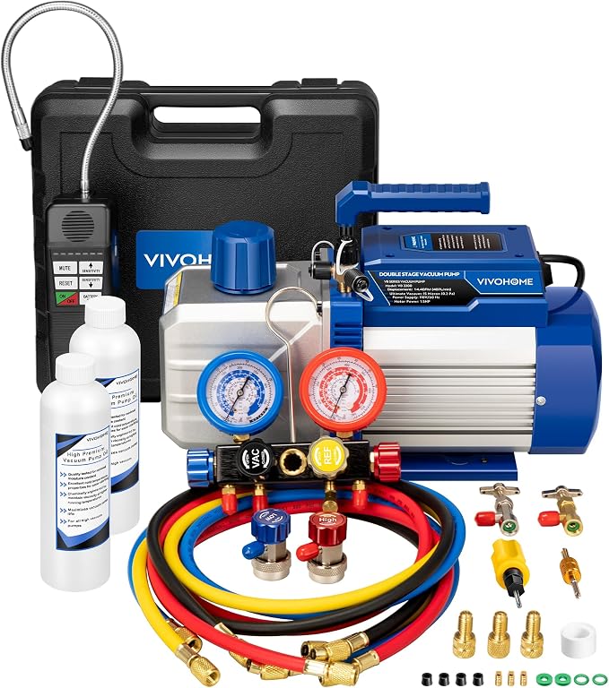 VIVOHOME 1.5 HP 14.4CFM 2 Stage AC Vacuum Pump and 4 Way Manifold Gauge Set