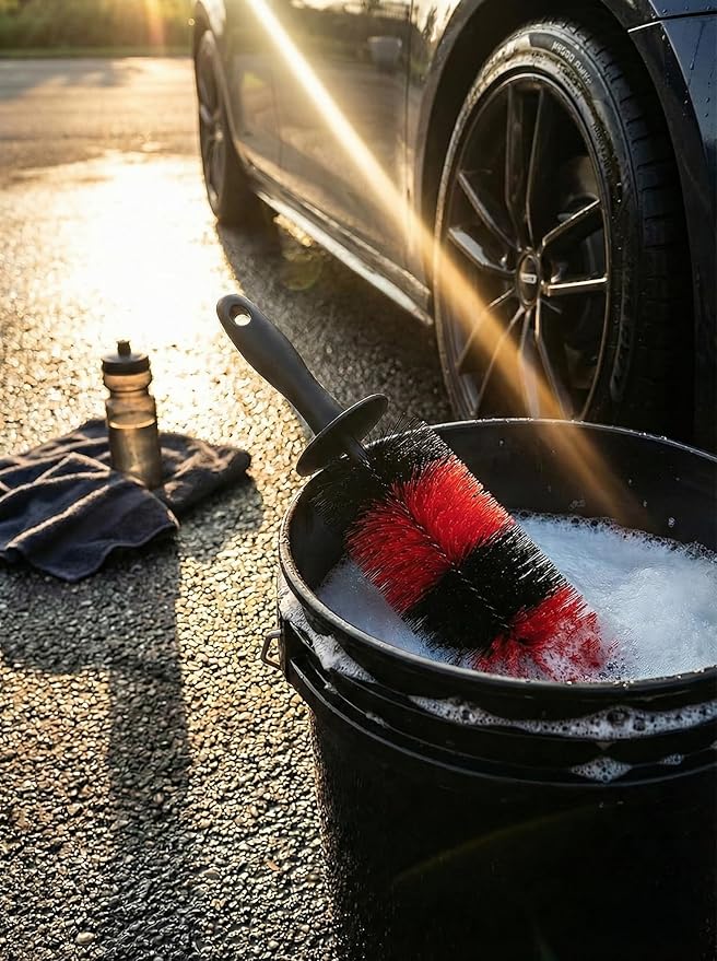 TAKAVU Master Wheel Tire Brush, Easy Reach Wheel and Rim Detailing Brush Long Soft Bristle, Car Tire Brush, Wheel Scrub Brush, Multipurpose use for Wheels Rims Exhaust Tips Motorcycles (Red)