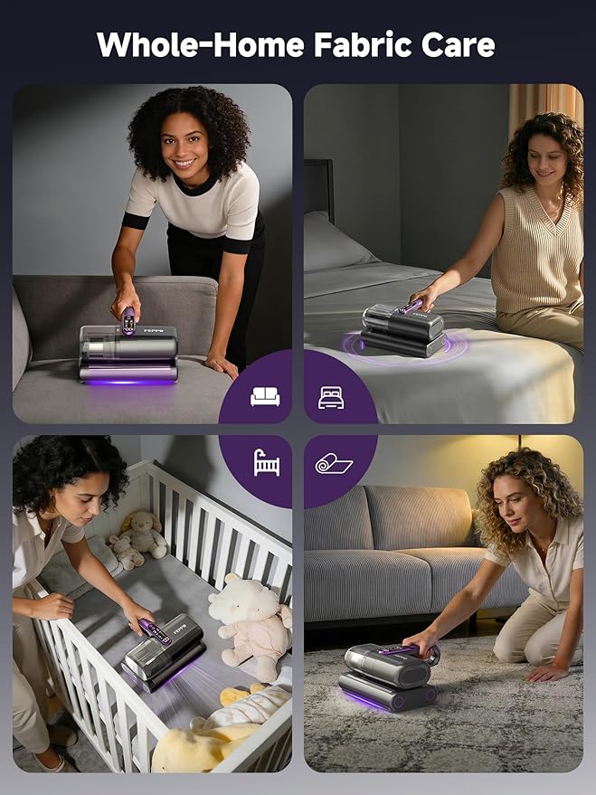 FEPPO Cordless Mattress Vacuum Cleaner, 18Kpa Bed Vacuum with 253.7nm UV-C Light, Ultrasonic, Dust Sensor & LED Display, 52800 BPM Handheld Vacuums for Bed, Sofa, Couch, Crib