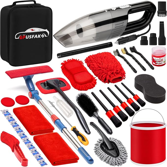 41Pcs Car Wash Cleaning Kit with High Power Handheld Vacuum Windshield Cleaning Tool Collapsible Bucket Detailing Brushe