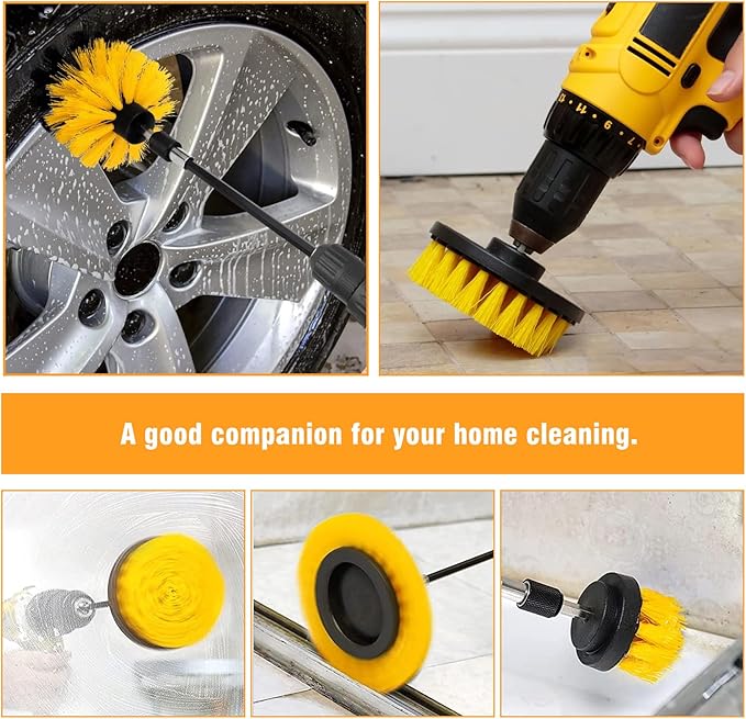 8 Pcs Drill Brush Attachment Set, Power Cleaning Scrub Brush Kit with Extend Long Attachment, All Purpose Drill Scrub Brushes for Car, Grout, Floor, Tub, Bathroom and Kitchen (Yellow)