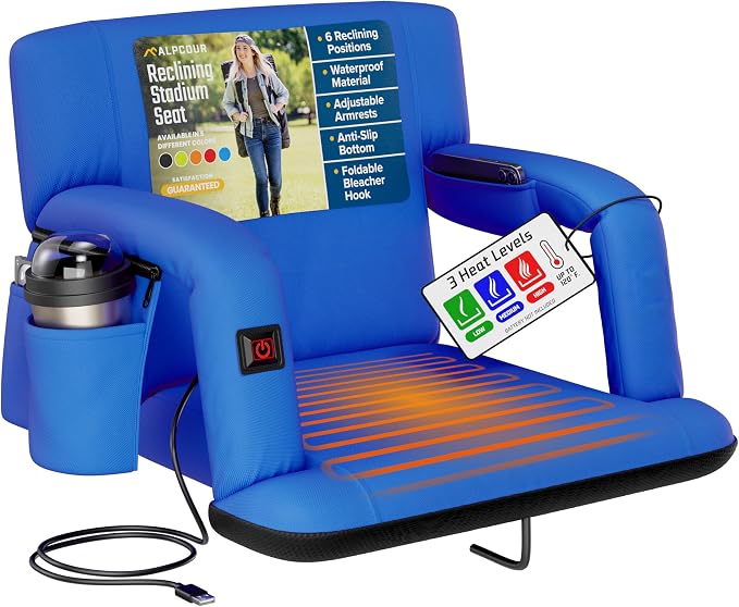 Alpcour Heated Reclining Stadium Seat for Bleachers – Wide Bleacher Chair with Back Support and Cushion, Armrests, Side