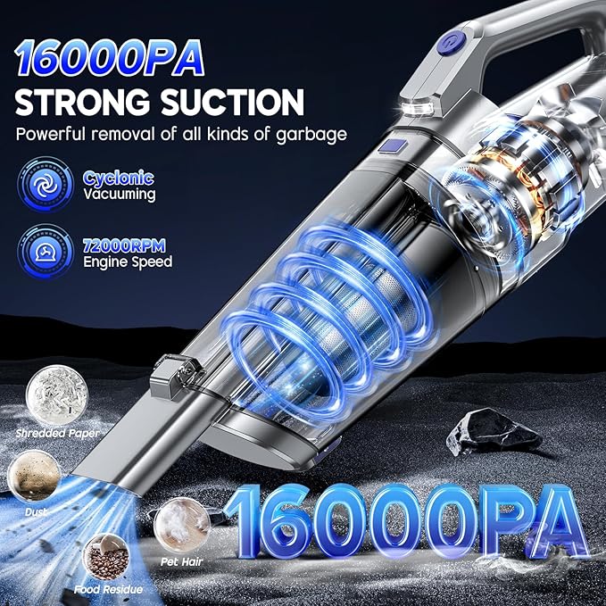 Gxzsk Handheld Vacuum Cordless, 16000PA Strong Suction Hand Held Car Vacuum Cleaner, Portable Hand Vacuum Rechargeable with Multi-Nozzles & LED Light for Home, Car, Office, Pets