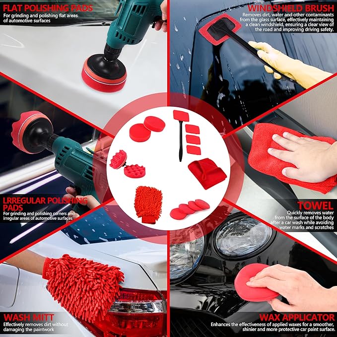 35Pcs Car Detailing Kit & Car Cleaning Kit – Windshield Tool, Long Wheel Brush & 2 Angled Brushes, 4 Polishing Pads & 4 Wax Pads – Red Tool Box – Gift for Men (B:35PCS-R)
