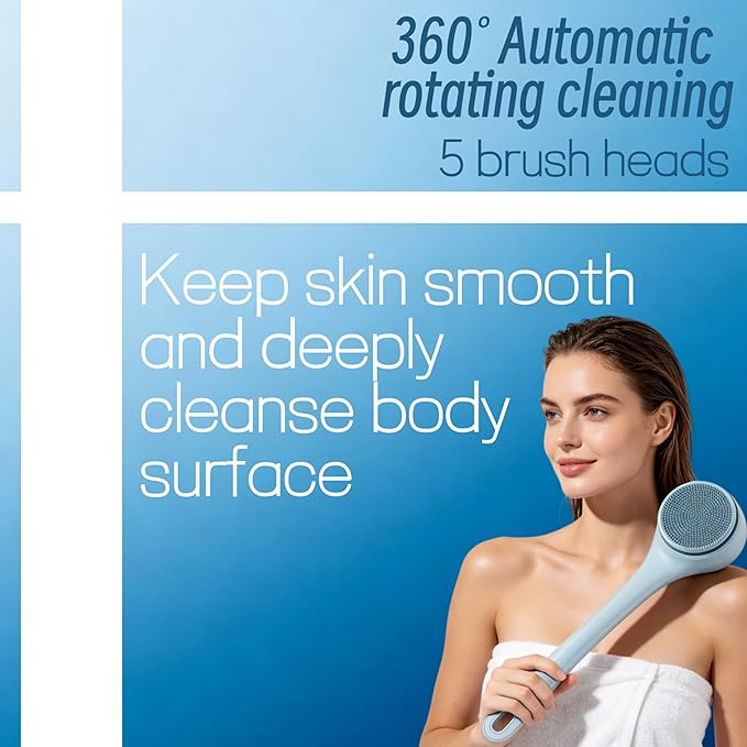 Electric Body Brush Back Scrubber for Shower, Waterproof Long Dual Handle Power Body Scrubber with 4 Heads, Rechargeable Bath Brush & 2 Speeds, for Cleansing, Exfoliating and Massaging Skin