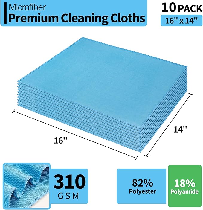 Microfiber Glass Cleaning Cloth - 10 Pack Polishing Cloths, 16" x 14" Window Cleaning Towel, Streak Free, Lint Free, Great for All Delicate Surface, Glasses, Stainless Steel, Windshield.