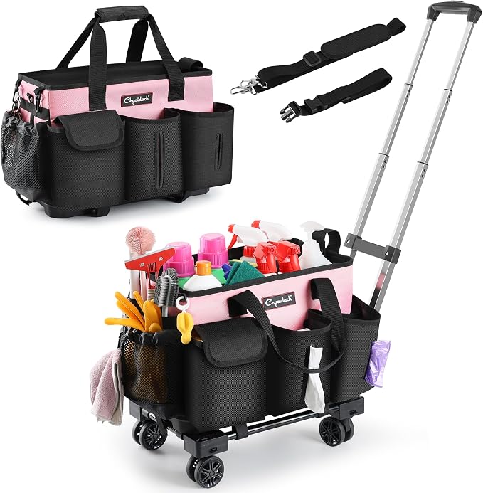 Chyaidach Rolling Cleaning Caddy, Cleaning Supplies Organizer with Trolley, Wearable Cleaning Tote Bag on Wheels with Ha