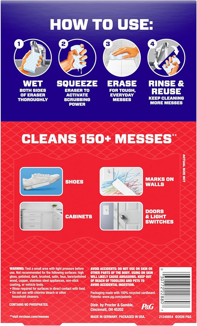Mr. Clean Magic Eraser Sponge, All Purpose Cleaner, Cleaning Scrubber, Wall, Sneaker, Kitchen, Bathroom, Shower Cleaner, Cleaning Supplies, Melamine Sponge, Cleaning Pads, Extra Durable, 9ct