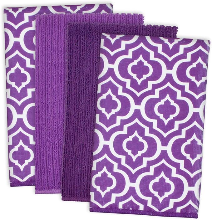 DII Cleaning Collection Multi-Purpose Microfiber, Eggplant Lattice, Dishtowel Set