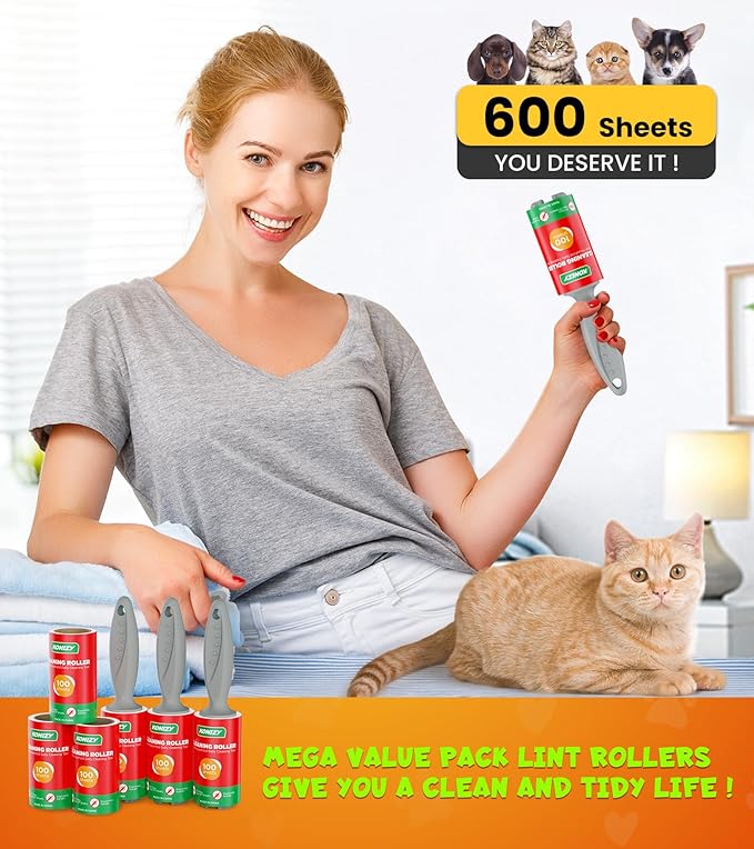 Lint Rollers for Pet Hair Extra Sticky, 600 Sheets Mega Value Set with 3 Upgraded Handles, 6 Rollers Portable Pet Lint Remover for Clothes, Furniture, Carpet, Dog & Cat Hair