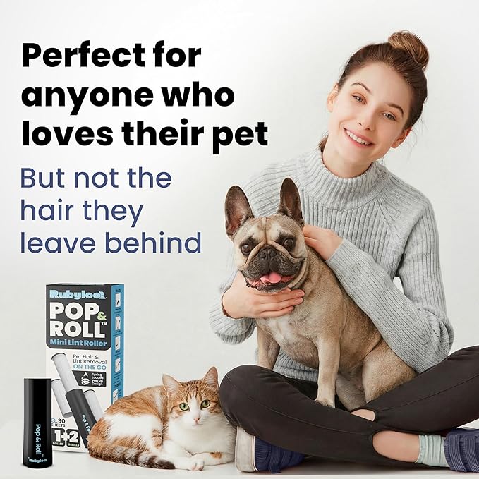 Rubyloo Mini Lint Roller for Pet Hair (1 Pack + 2 Refill Rolls) - Travel Size Sticky Pet Hair Roller with Retractable Cover - Cat & Dog Fur Remover for Clothes