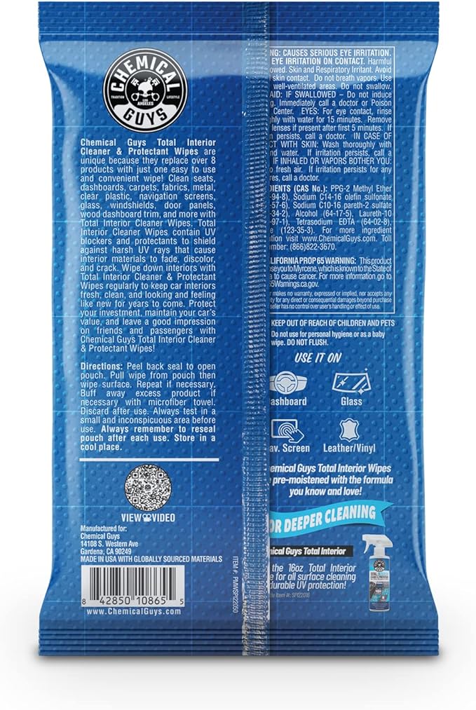 Chemical Guys PMWSPI22050 Total Interior Cleaner & Protectant Wipes Mega 100 Pack, Safe for Cars, Trucks, SUVs, Jeeps, Motorcycles, RVs & More ( 50 Ct)