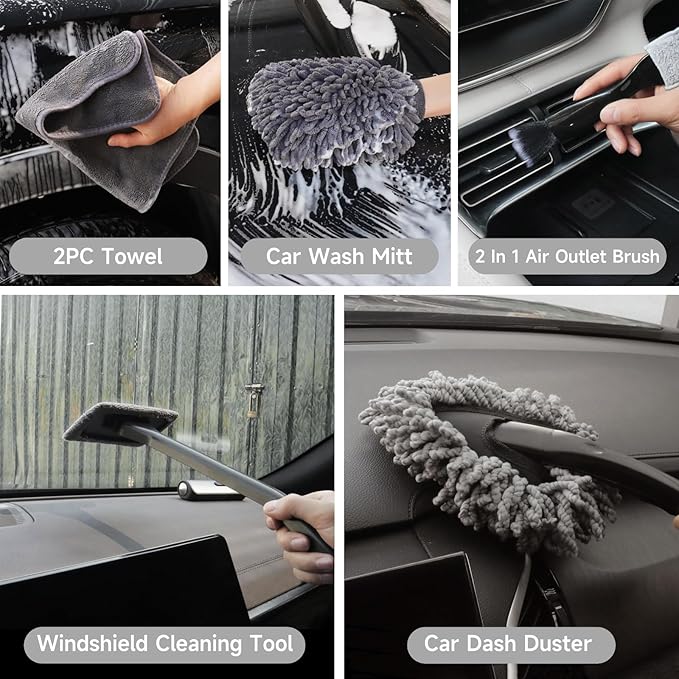 Car Detailing Kit, Car Detailing Brush Set, Car Cleaning Kit, Auto Detailing Tools for Interior Exterior Wheels, Professional Car Wash Accessories with Windshield Cleaning Tool and Storage Box(Grey)
