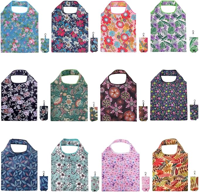 12 Pcs Reusable Floral Grocery Bags, Foldable Shopping Bags for Market