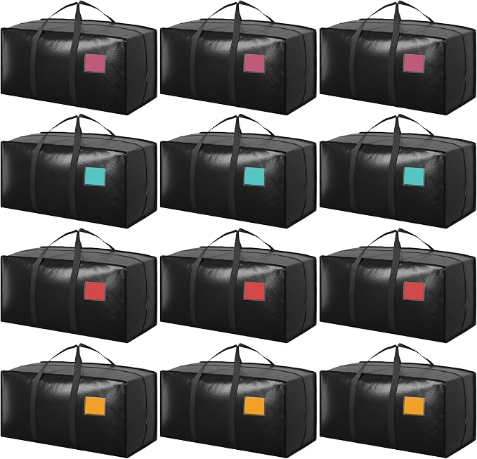 12 Pack Moving Bags with Full-Open Side Zipper, Extra Large 93L Heavy Duty Waterproof Foldable Storage Totes for College