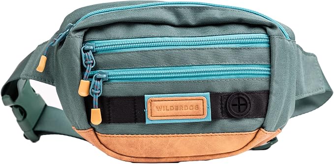 Wilderdog Utility Fanny Pack stores Treats, Balls, Keys in 3 Pockets with adjustable strap and Poop Bag dispenser (Everg