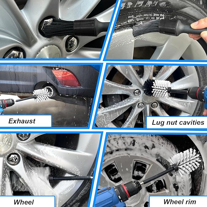 Wheel Brush Kit, Soft Drill Wheel Cleaner Brush, No Scratches Highly Dense Car Cleaning Brush Set for Wheels, Rims, Engines, Exhaust(White/Black,2Pcs)