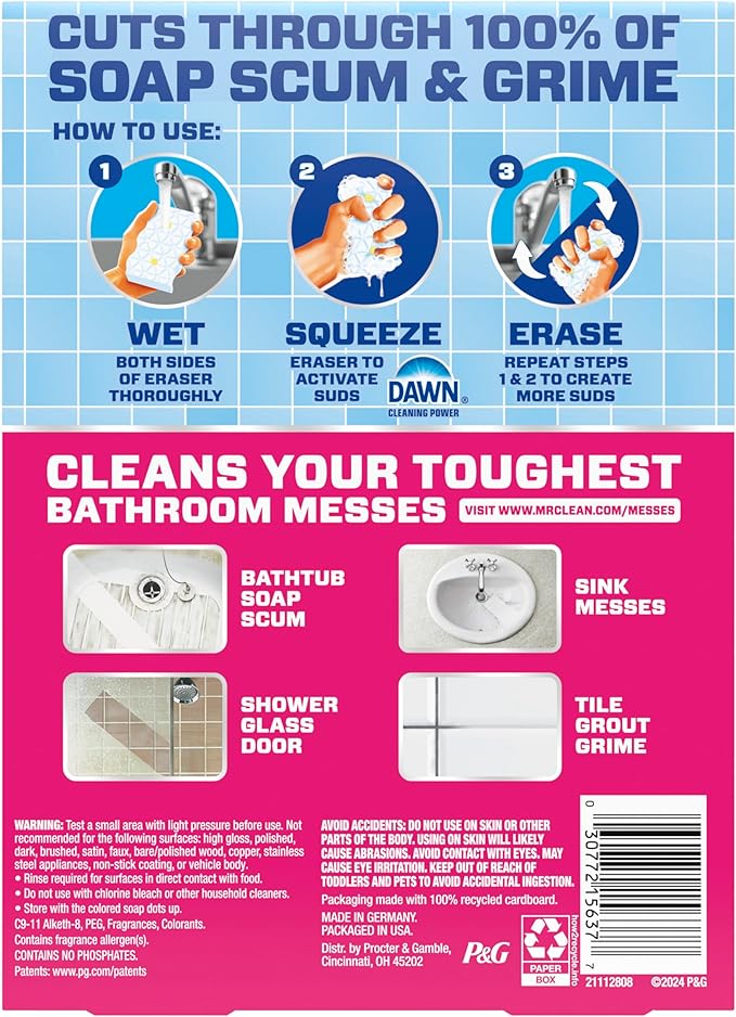 Mr. Clean Magic Eraser Sponge, Bathroom Cleaner, Shower Cleaner, Tub Cleaner, Soap Scum Remover, Bathroom Cleaning Supplies, Dawn Cleaning Power with Lemon Scent, 2 in 1 Bath, 5ct