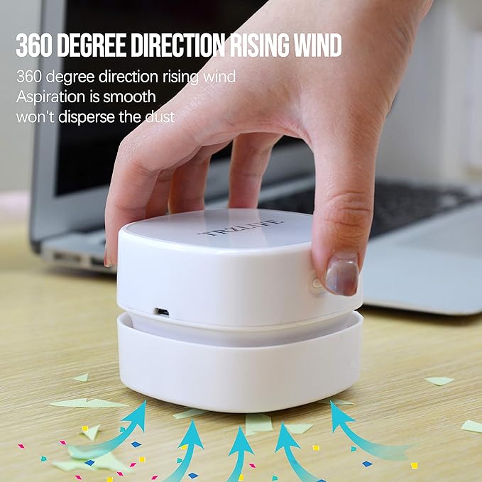 TRZLIFE Mini Desk Vacuum, 2 AA Battery Powered Must-Have Office Accessory for Crumbs and Tiny Debris from Desktop, Countertop, Ideal Gift, White
