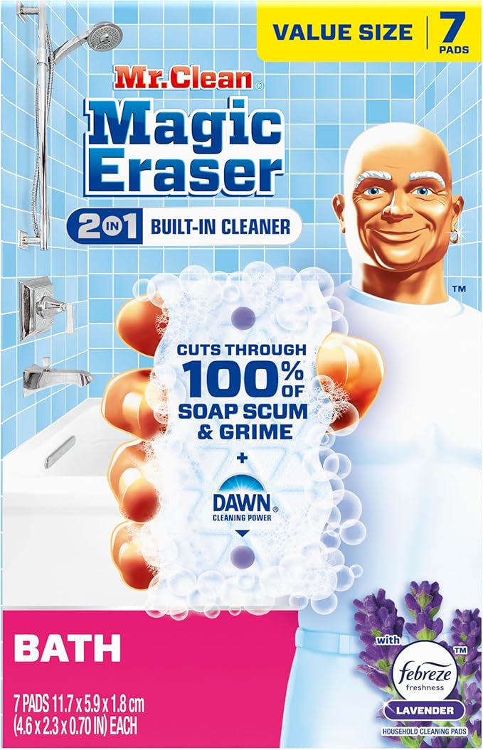 Mr. Clean Magic Eraser Sponge, Bathroom Cleaner, Shower Cleaner, Tub Cleaner, Soap Scum Remover, Bathroom Cleaning Supplies, Dawn Cleaning Power with Febreze Lavender Scent, 2 in 1 Bath, 7ct