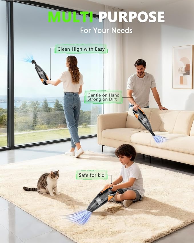 Handheld Vacuum Cordless, Rechargeable Car Vacuum Cleaner with Multiple Attachments, Portable Hand Held Vacuum Suction Power, Mini Vacuum for Car, Home, Pet Hair, Office, Desk, Keyboards Black Orange