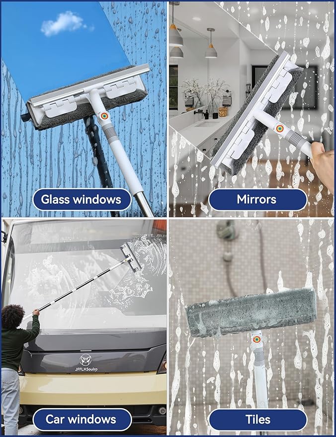 CTIME 80" Window Washing Kit with Extension Pole : Professional Window Cleaner Tool | Window Cleaning Squeegee Kit for High/Outdoor/Glass & Bathroom Surfaces with Storage Bag + 5 Microfiber Cloths