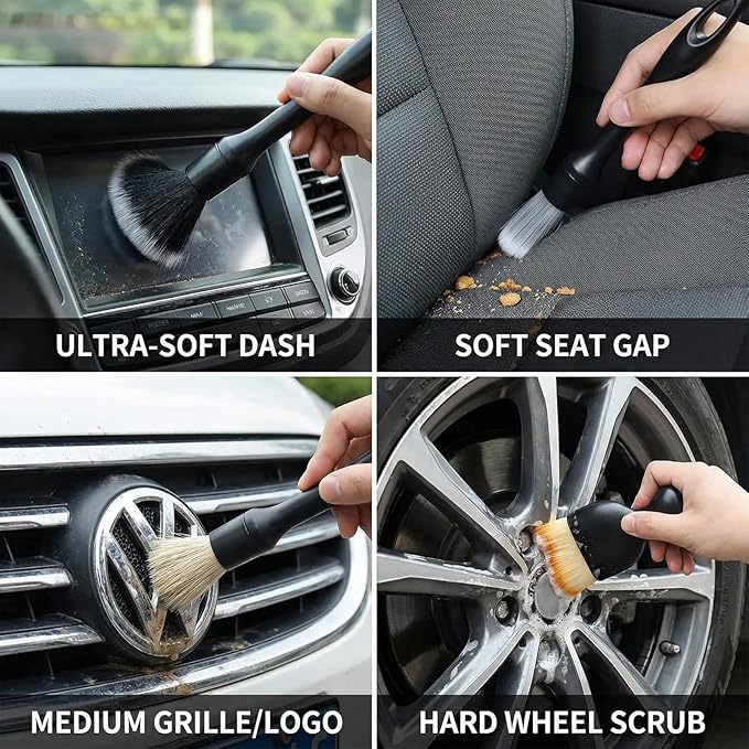 5 PCS Car Detailing Brush Set, Ultra-Soft Boar Hair Brushes for Interior & Exterior Cleaning, Multi-Use Duster for Air Vents, Wheels & Leather, Professional Car Wash Supplies