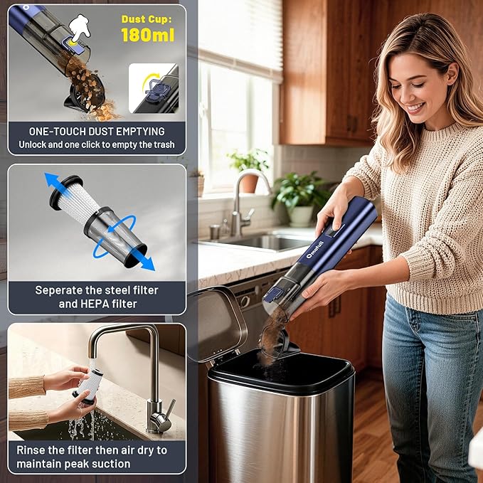 Car Vacuum Portable Cordless, 19500Pa 4-in-1 Handheld Vacuum Cordless Vacuum Cleaner&Air Duster with Multi-Nozzles, 140W Hand Cordless Rechargeable Vacuum Cleaners for Car, Home, Office, Pet
