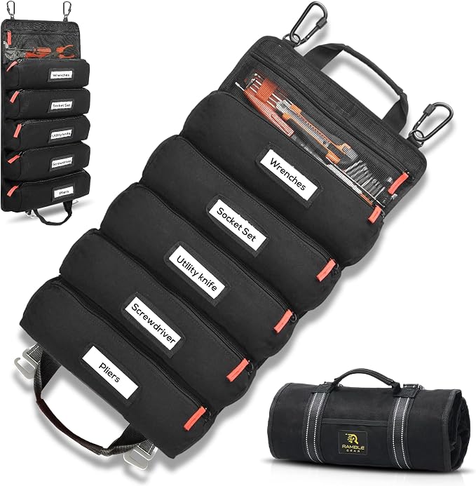 Roll up tool bag with Carabiners - 5 Large Oversized Pockets with Labels-Tool roll bag organizer - Canvas foldable tool