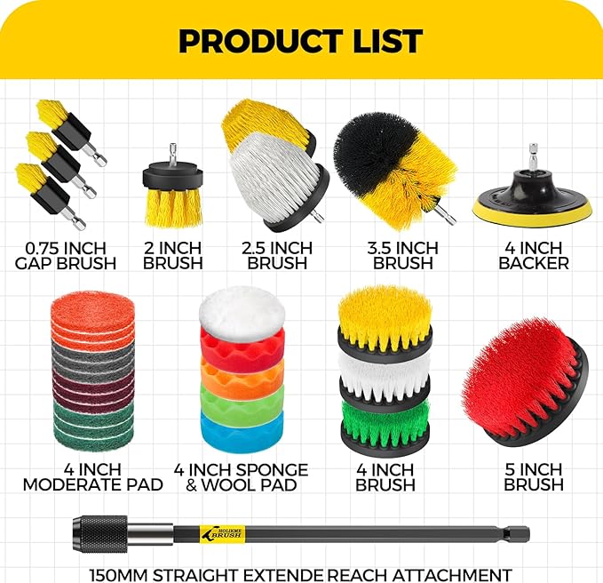 Holikme 30Pack Drill Brush Attachments Set,Scrub Pads & Sponge, Power Scrubber Brush with Extend Long Attachment All Purpose Clean for Grout, Tiles, Sinks, Car Polishing Pads,Bristle Discs