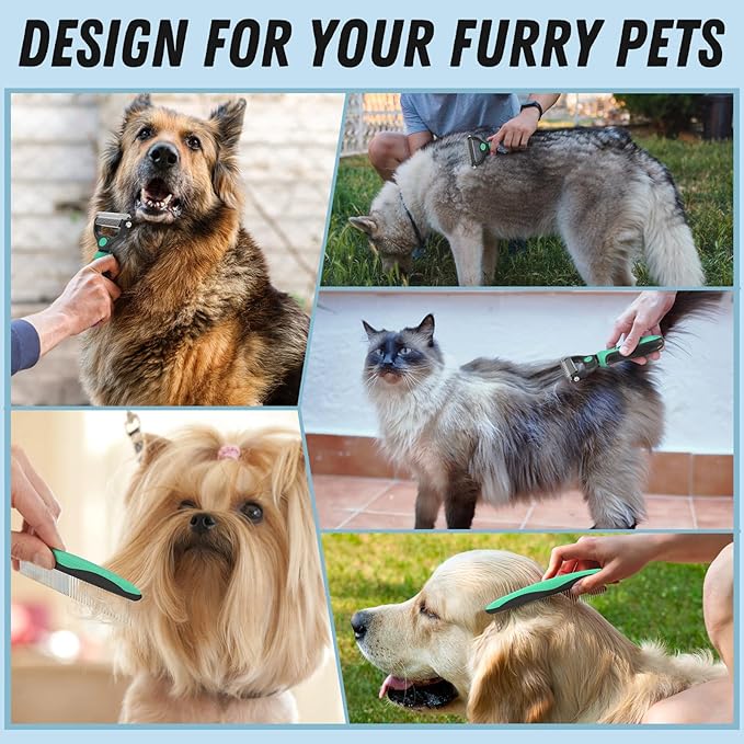 Docrok Pet Grooming Brush and Metal Comb Combo, Cat Brush Dog Brush for Shedding, Undercoat Rake for Dogs Grooming, Dematting Deshedding Brush Dogs Shedding Tool for Long matted Haired Pets, Green