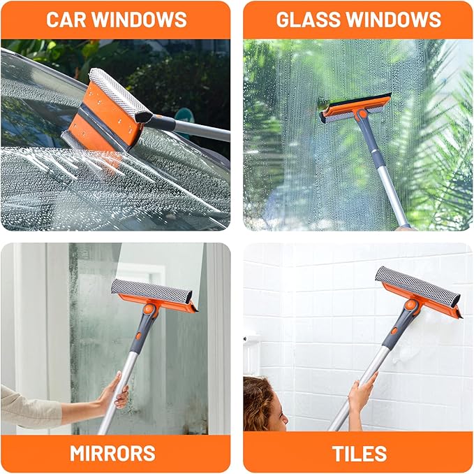eazer Professional Window Squeegee, 2-in-1 Rotatable Squeegee for Window Cleaning Kit, Window Cleaner Tool, Window Washing Equipment Kit with Extension Pole for Shower/Windshield - 2 Head