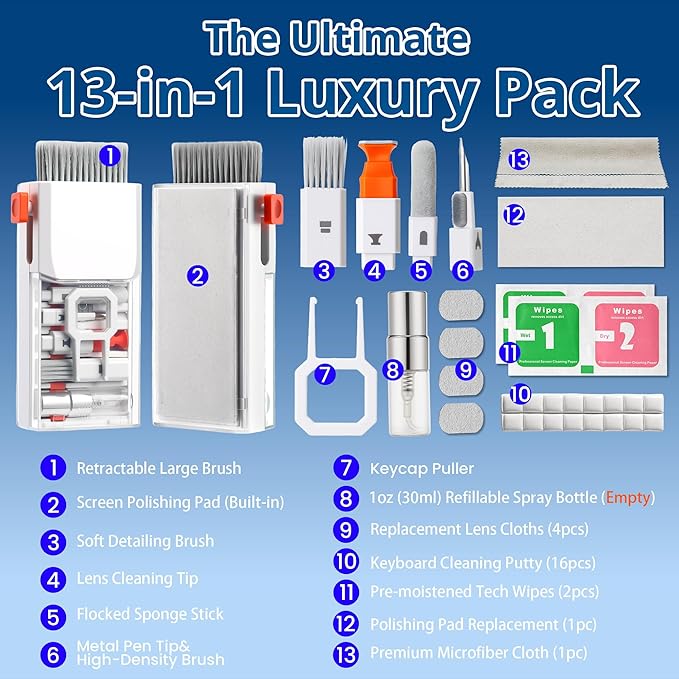 32PCS Upgraded Keyboard Cleaning Kit, 13-in-1 Electronics Cleaner Tool with Dust Cleaning Putty, Microfiber Cloth, Wipes-Cleaning Set for iPhone, AirPods, iPad, Laptop, PC Screen, Monitor, Camera