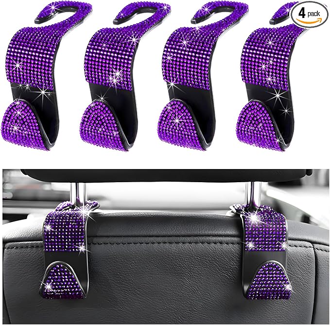 4 PCS Car Seat Headrest Hooks, Bling Crystal Rhinestone Back Seat Hanger Storage Organizer, Sparkly Seatback Holder Hook
