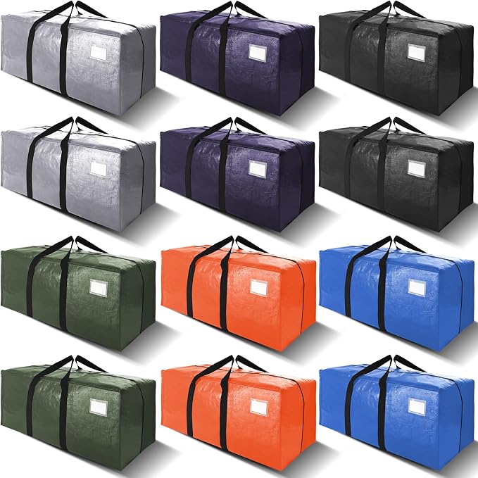 VELVETSURE 12 Pack Heavy Duty Extra Large Moving Bags W/Backpack Straps - Strong Handles & Zippers, Storage Totes For Sp
