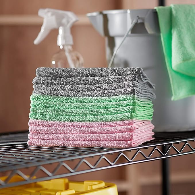 Amazon Basics Microfiber Cleaning Cloths, Ultra-Soft and Highly Absorbent, Streak-Free, Lint-Free, Scratch-Free, Washable, for Car Detailing and Glass Cleaning, 16" x 12", Green/Gray/Pink, 24-Pack