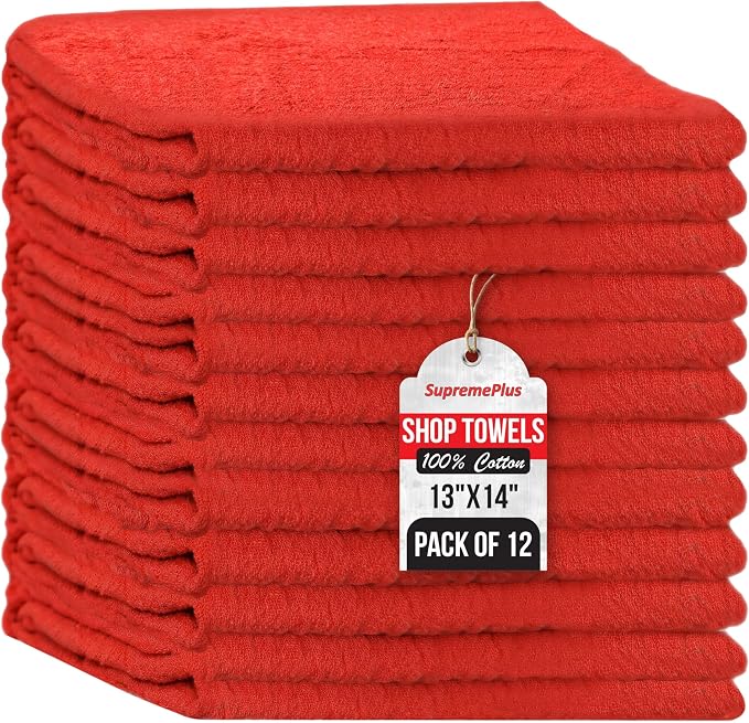 Premium Red 100% Cotton Shop Towels, 12 Pack, 13”x14”, Reusable Cleaning Shop Rags, Absorbent Mechanic Rags for Automobi