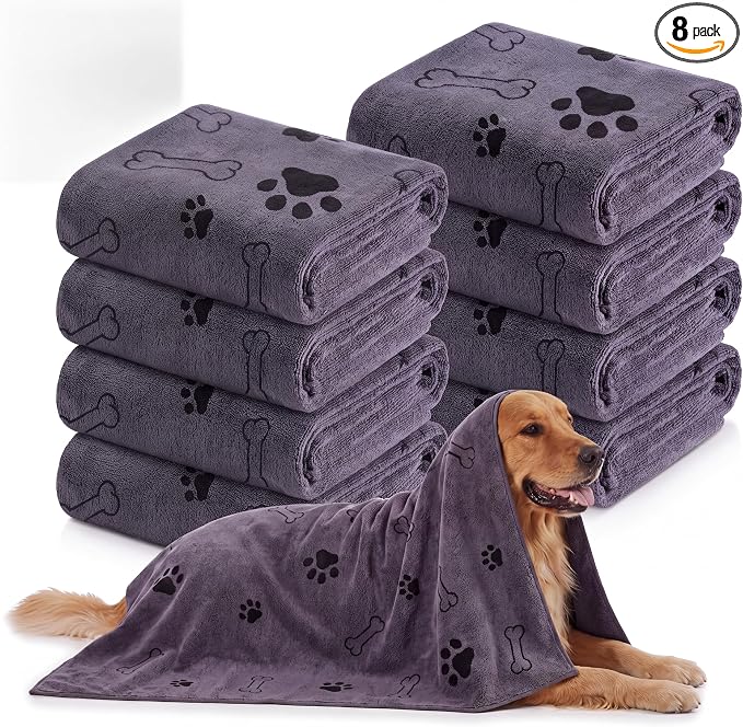 Chumia 8 Pcs Dog Towel for Drying, 55 x 28 Inch, Dog Paw and Bone, Gray