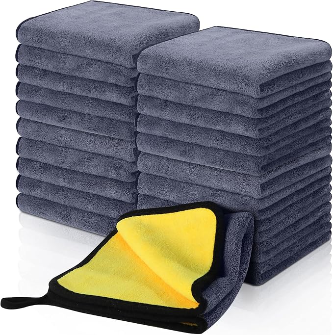 20 Pcs Microfiber Car Drying Towels 800 Gsm Thick Plush, Grey and Yellow