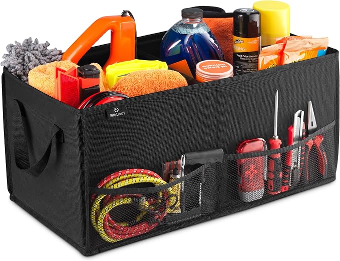 Handy Laundry Car Trunk Organizer – Large 2 Compartment Storage Bin with Non-Slip Fastener, Mesh Side Pockets & Heavy-Du