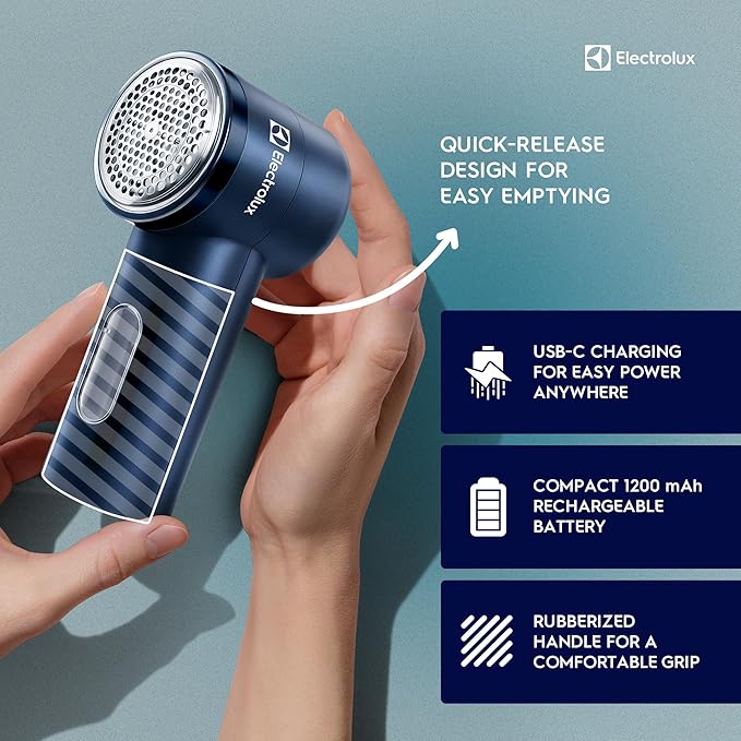 Electrolux Rechargeable Fabric Shaver | Compact Travel Lint Remover for Clothes & Furniture | Eliminates Fuzz & Pilling | 3-Speed Electric Lint Shaver with Type-C Fast Charging Port - Blue