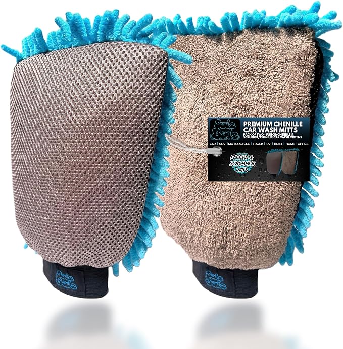 Sudz Budz® Premium Microfiber Chenille Car Washing Mitt 2 Pack | 2-in-1 Double-Sided Scrubber and Fleece Mitts. Soft, Du
