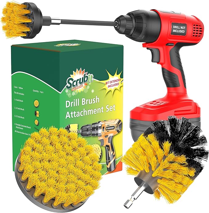 SCRUBIT Drill Brush Attachment Set - Power Scrubber Tile and Grout Tool - Use for Kitchen, Shower, Bathtub and Floor Surface - All Purpose Household Cleaning Kit Includes 3 Brushes with A Bit Extender