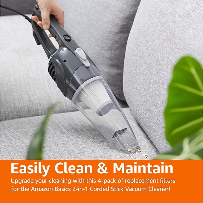 Amazon Basics Washable Replacement Filters for 2-in-1 Corded Stick Vacuum Cleaner ONLY (not for Other Models), 4-Pack, White