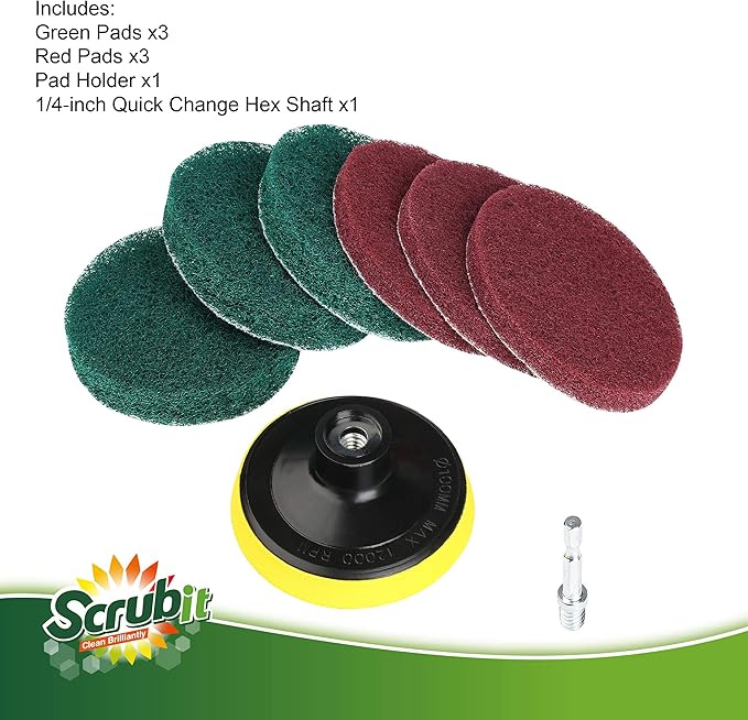 SCRUBIT Drill Brush Power Scouring Pads - Heavy Duty Tub and Tile Cleaner - Drill Scrubber Brush kit Includes Drill Attachment, 3 Red, 3 Stiff Green Scrubber Pads